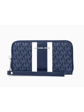 New Michael Kors Jet Set Metallic Signature Logo Stripe Smartphone Wallet Navy